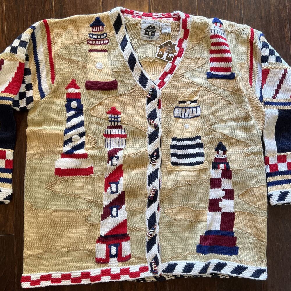 NEW VTG Storybook Knits Lighthouse Cardigan Sweater Nautical Coastal Beach 2X